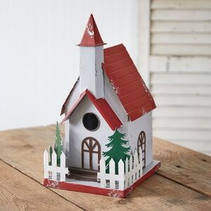 Rustic Red and White Christmas Chapel Church Birdhouse 8''W x 9''D x 16''H
